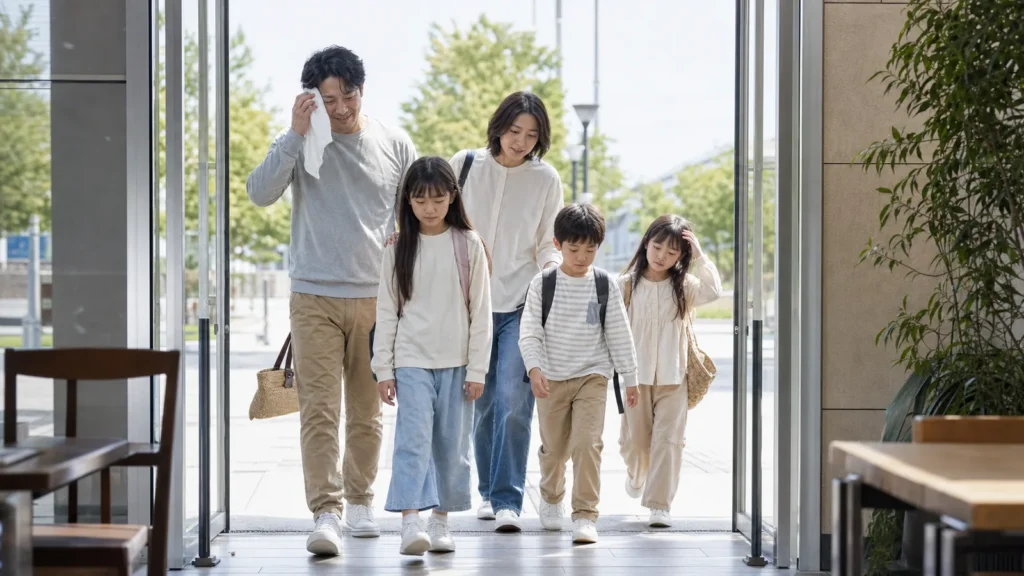 family-entering-airconditioned-building
